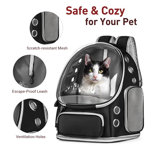 Cat Backpack Carrier with Large Space Bubble Window, Airline Approved Breathable Pet Carrier for Small Dogs Cats up to 15lbs, Foldable for Travel Hiking & Outdoor Use - color: Black