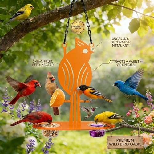 Hanging Oriole Bird Feeder (2026) with Clear PP Bowl, Perch, and Attachment Prongs for Clementines, Mandarins, and Oranges Outdoor Decor for Garden Backyard Patio and Deck