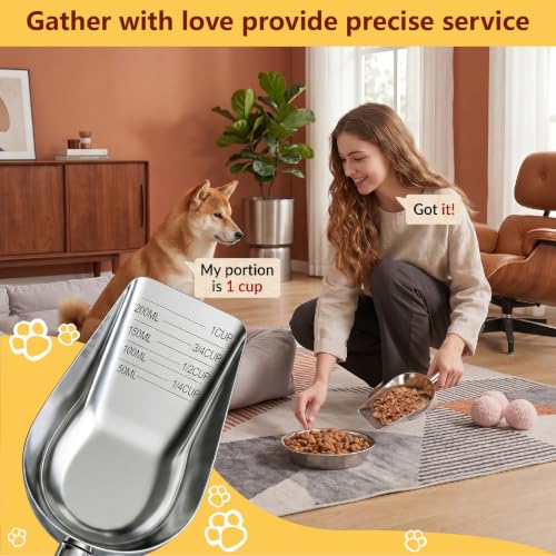 304 Stainless Steel Dog Food Scoop, 1 Cup Pet Food Measuring Cup with Long Handle for Dogs, Cats, Rabbits and Kitchen