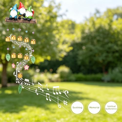 Gnome Wind Chime for Outside, Resin Wind Bells for Garden Decor | 29" Wind Chimes Outdoor with 3 Resin Gnome Statues and 8 Metal Bells, Soothing Tone Wind Bell Chimes, Housewarming Gifts - size: Gnomes