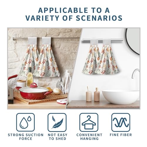 Fall Orange Leaves Pumpkin Kitchen Hanging Towels Autumn Thanksgiving Harvest Hand Towels with Hanging Loops Set of 2 Oven Stove Dish Hang Towel Soft Absorbent Bath Tie Towel - color: Fall Pumpkin Leaves Orange White