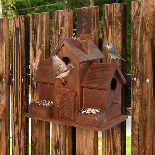 MIXUMON Bird Houses for Outside with Bird Feeder, Outdoor 3 Hole Bird House Room for 3 Bird Families Bluebird Finch Cardinals Hanging Birdhouse for Garden (Style 12)