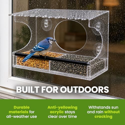 Acrylic Clear Window Bird Feeder with Strong Suction Cups, Removable Sliding Seed Tray, Weather-Resistant & Easy to Clean for Window Viewing, Extended - size: Style: Extended