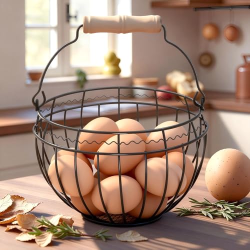 Farmhouse Wire Egg Basket for Gathering Fresh Eggs, Holds 24 with Handle | Vintage Style, Black Metal Open Weave, Backyard Chicken Keepers, Easter/Christmas Gift, Egg Collecting Basket, Countertop