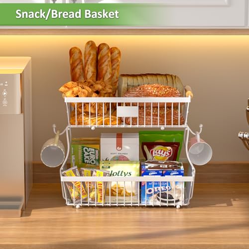2 Tier Fruit Basket for Kitchen Counter with 2 Banana Hangers, Countertop Metal Bread Basket with Wooden Handle, Large Storage Stand for Vegetables, Snacks, Eggs, Produce Storage – White - color: White, size: 2 Tier