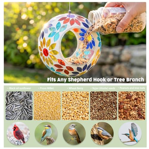 VCUTEKA Bird Feeders Fly Through Mosaic Hanging Birdfeeder for Garden Decor | 7 inch Mosaic Glass Bird Feeeder for Outdoors, Round Shape Glass Container to Attract Wild Birds for Backyard Porch Decor - color: Yellow