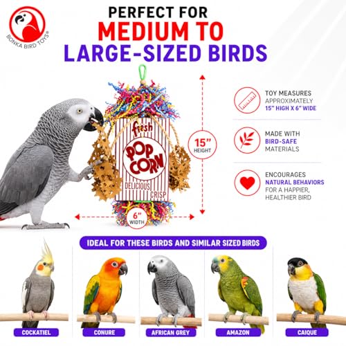 Bonka Bird Toys Popcorn Explosion Bird Toy 15" x 6" Foraging Shredding Toy for Small to Medium Birds Parakeets Cockatiels Conures Natural Paper Cardboard Hanging Cage Toy (Pack of 1) - size: Pack of 1