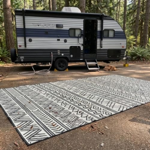 8x20 Black & Cream Bohemian Rhapsody RV Patio Mat with Carry Bag – Extra Thick 5mm – Heavy-Duty, Waterproof, Reversible – Premium Outdoor Mat (8'x 20', Bohemian Rhapsody) - color: Black & Cream, style: 8' x 20'