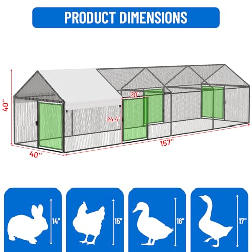 NUGRIART Metal Chicken Coop with Run – 157” Waterproof Poultry Cage, Expands Existing Wooden Coops, Ideal for Small Backyard Flocks - size: 157.0"L x 40.0"W x 40.0"H