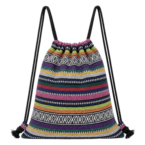 Van Caro Bohemian Drawstring Backpack Light Cinch Bag Gym Sack String Bag - color: D-blue