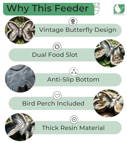 Resin Ground Bird Feeder, Butterfly Bird Feeder Tray | Dual Sections, Heavy Platform Feeder for Outdoor Garden Yard Patio Lawn, Hand-Painted Decor, 13.6 Inch - color: Bronze & Blue Patina