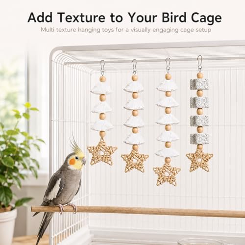 4 Pack Hanging Bird Chew Toys for Small Birds Cuttlebone and Pumice Cage Toys with Rattan Star and Wood Beads for Cockatiel Budgie Parakeet Conure Lovebird - size: 4 Pack
