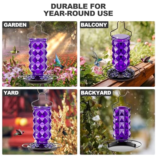 2 Pack Glass Hummingbird Feeders for Outdoors, 25 Ounces Wild Bird Nectar Feeder with Perch & 5 Flower Feeding Ports Leak Proof Hanging for Garden Backyard Decor, Gifts for Women Mom, Red & Purple - color: 2 Pack Diamond Sparkling Red & Purple