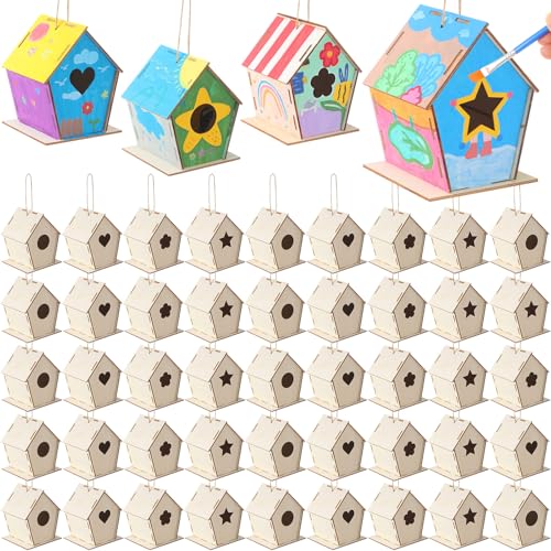 DoubleFill 36 Pcs 4. 33" DIY Wooden Birdhouses Craft for Kids Unfinished Wooden Birdhouse Kits Wood Painting Kit to Build and Paint Unpainted Birdhouses for Children VBS Crafts