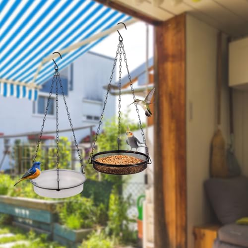 HRAYLTOP 2-in-1 Set Hanging Bird Feeder and Bath for Outdoor, Small Metal Tray Perfect for Attracting Bird - size: 15.75 Inch (2-in-1)
