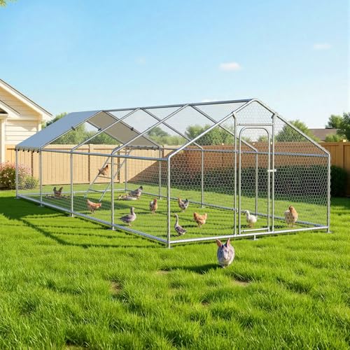 10 x 26.2 x 6.4 FT Metal Chicken Run, Chicken Coop with Cover | Reinforced frame, Walk-in Chicken Coop, Waterproof Cover, Side Hardware Cloth, Roosting Perch, Backyard & Farm Use - size: 26x10Ft