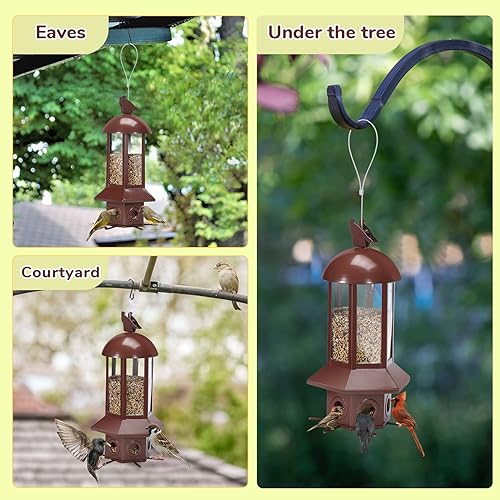 Squirrel Proof Bird Feeders, 5lbs Heavy Duty Metal (Brown) | Weight-activated mechanism bird feeders for outdoors, 6 Chew-proof feeding ports
