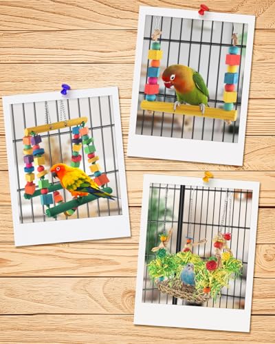 DBNESS Bird Hammock Toys Parakeet Perches Swing, 3in1 Detachable Parrot Cage Accessories, Wooden Hanging Chew Toys for Medium Conure Cockatiel Quaker Lory