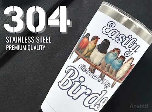 Onebttl Bird Watching Tumbler for Lovers & Watchers, 20oz Stainless Steel Insulated With Lid & Straw, Gift Card & Box Included, Birthday Gift - 360 White - color: White-Easily distracted by birds