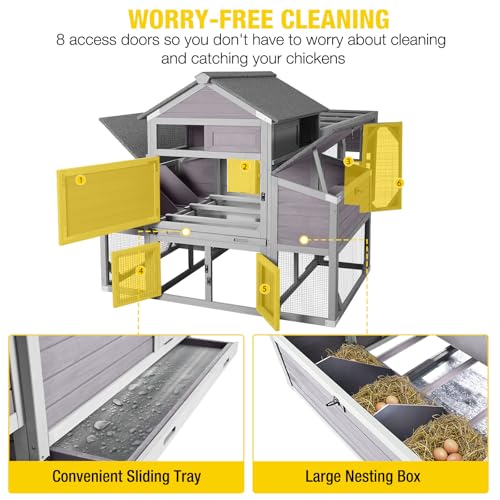 Aivituvin Extra Large Chicken Coop with Run for 6-10 Chickens | Outdoor Reinforced Wooden Hen House with 6 Nesting Boxes, Easy Clean Pull-Out Tray, Waterproof Asphalt Roof - Grey, 118"L - size: 118.0"L x 56.7"W x 49.5"H