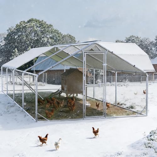 Sannwsg Large Metal Chicken Coop with Run, Walk in Chicken Pen with Waterproof Cover, Secure Lock, Heavy Duty Poultry Cage with Feeding Door for Outdoor Farm Use