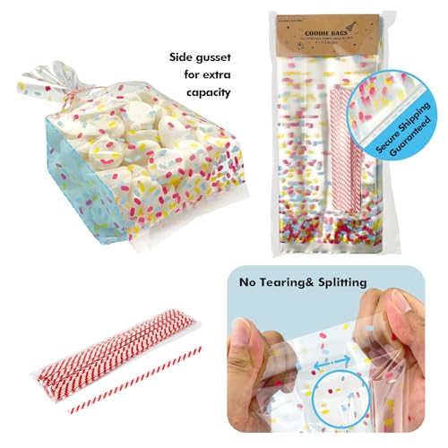 EKAPACKAGING 50 Pcs 4 X 9.5 Inches Sprinkle Print Goodie Bags Cellophane Candy Treat Bags With Ties - color: Sprinkle