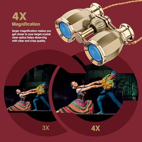 ESSLNB Opera Glasses Binoculars for Women Adults 4X30mm Theater Glasses Compact Binoculars for Theater and Concerts Antique with Case Removable Chain (Gold) - color: Gold