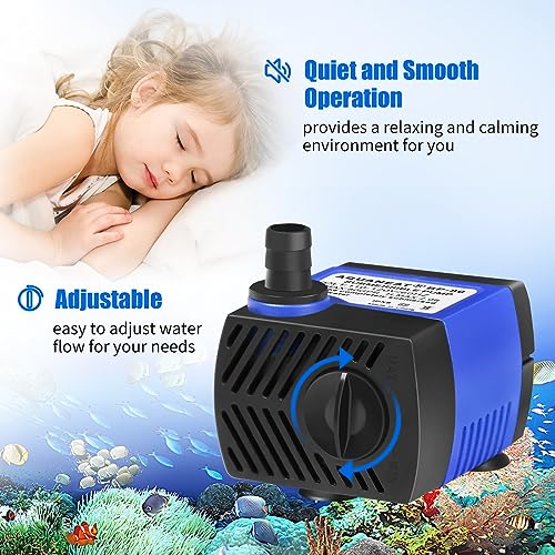 AQUANEAT Small Fountain Pump, 80 GPH Mini Submersible Water Pump with 3.3 ft Tubing, for Aquarium Fish Tank, Pet Water Fountain, Hydroponics, Pond Waterfall Filter Pump - size: 80 GPH