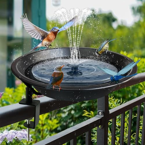 WANGIRO 11.5" 2-in-1 Bird Bath & Feeder Clamp-On Deck Mounted Frosted Black | Rust-Proof Bracket Sturdy Clamp Fits 2.5" Deck Rails Tool-Free Setup, Detachable Easy Clean for Outdoor Garden Patio Yard
