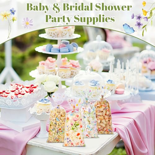 QOIUSO 100 PCS Wildflower Party Cellophane Treat Bags - 4.9 x 10.8 Inch Plastic Floral Party Favor Bags with Twist Ties - Clear Candy & Cookie Gift Bags for Baby Shower, Bridal, Wedding, Birthday - color: Wildflower-100pcs