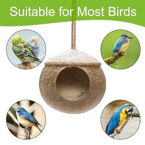 Yesland 2 Pack Coconut Bird Nest Hut with Loop, Coconut Fiber Hanging Birdhouse Cage, Anti-Pecking Bite Coconut Bird Parakeet for Parrot Parakeet Lovebird Finch Canary, Pet Cage Habitats Decor