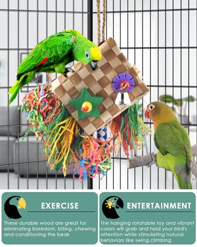 Bissap Bird Chew Toys, Parrot Foraging Shredder Natural Palm Frond Hanging Cage Toy for Conure Lovebird Budgie Cockatiel African Gray Cockatoos Amazon and Similar Sized Pet Birds - Flat Square - style: Flat Square