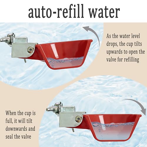 XCL Chicken Waterer Cups, Aluminum Alloy Chicken Waterer Feeder 2pcs Large, Tee Fittings Poultry Chicken Water, for Chicken, Duck, Goose, Turkey, Bunny, Bird, with Mounting Hole Opener (2, Red)