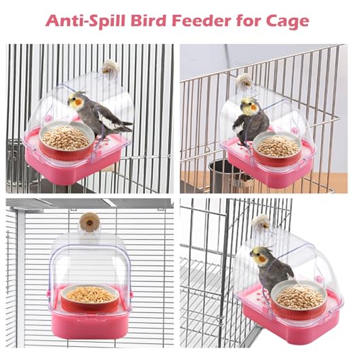 No Mess Parakeet Feeder, 2 in 1 Pull Out External Parrot Feeder with Bottom Drawer Hanging Shower Box for Birds Budgies Parakeet Small Parrot Cockatiels(Pink) - color: 【Pink】