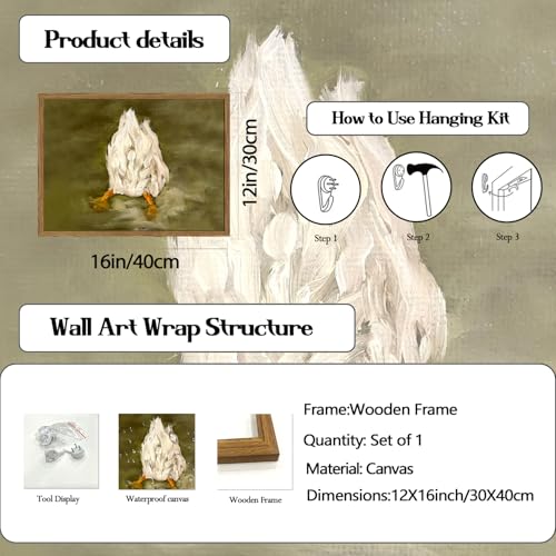 Cute Duck Wall Art Funny Goose Butt Wall Decor Painting, Vintage Cottagecore Silly Animal Poster Canvas Print Picture for Bedroom Living Room 12x16 inch Wood Framed - color: Animal-A, size: 16"L x 12"W