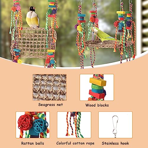 Bird Foraging Wall Toy, Parrot Chewing Toys Seagrass Woven Hammock Swing Mat with Colorful Ropes Wooden Blocks for Parakeets, Lovebirds, Cockatiels, Conures (Hammock Swing) - style: Hammock Swing