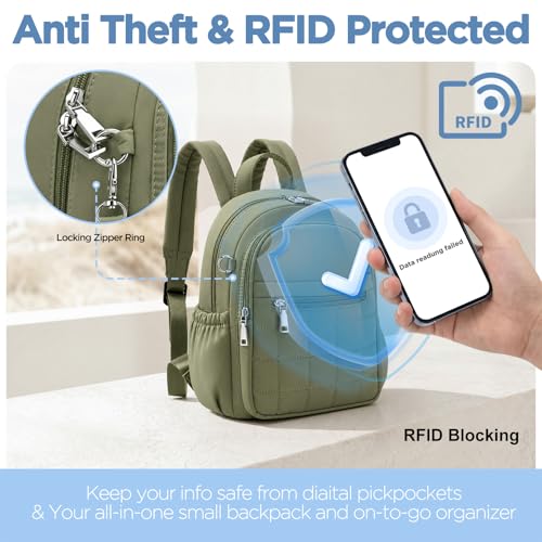 Mini Backpack for Women, Anti Theft RFID Small Travel Backpack | Compact Backpack with Built-in RFID Wallet(5 Slots) & Coin Purse, 10-Pocket Fits 11" Tablet, Puffer Nylon, Daily & Work - color: Green