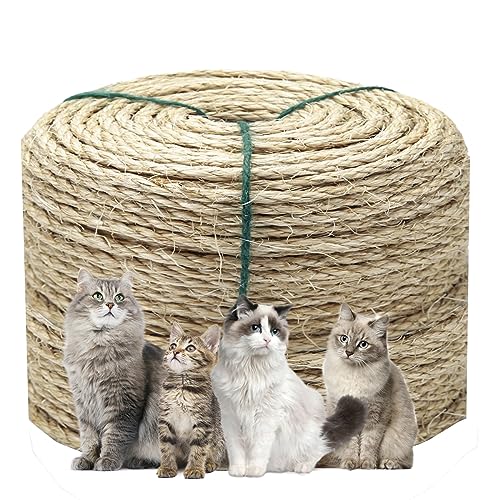 1/6 Inch Natural Sisal Rope, 164-Feet, 50m, for Cat Scratching Post, Tower, DIY Hemp Twine, Replacement, Sisal Fiber, Biodegradable, 4mm Diameter - color: Natural, size: 1/6 inch by 164 feet