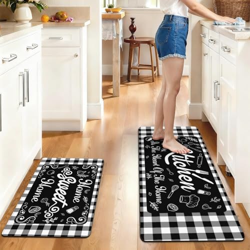 Buffalo Plaid Anti Fatigue Kitchen Mats, Black, 17.3"x47"+17.3"x29" | Cushioned Non Slip Memory Foam Waterproof, Checkered Kitchen Decor Rugs for Floor, Set of 2 for Sink Laundry Office - color: Black White