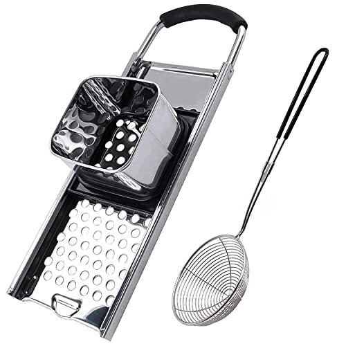 KEISSCO Stainless Steel Spaetzle Maker with Comfort Grip Handle, Homemade Traditional German Egg Noodle Dumpling Making Tool Set - color: Spaetzle Maker & Black Strainer