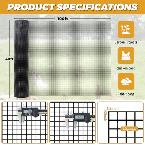 19 Gauge Hardware Cloth 48inx100ft 1/2 in Predator Proof Chicken Wire Fence | Stronger Than Chicken Wire Welded Wire Mesh for Garden, Chicken Coop, Rabbit Snake Protection Poultry Netting - size: 1/2in 48'' X 100'