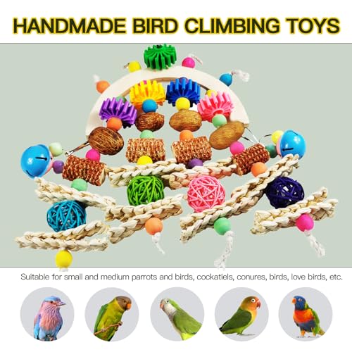 Wooden Parrot Chew Toy, Hanging Foraging Toy for African Grey & Macaw Birds | Colorful gear beads and natural bird toys with small bells relieve boredom, making them ideal cage decorations for parrots