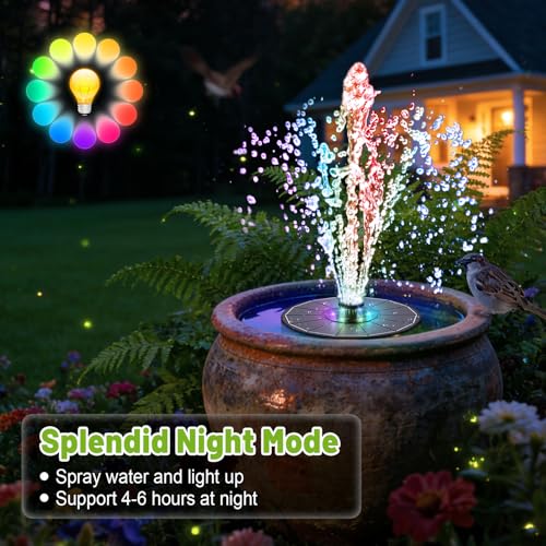 Solar Fountain with 3 Spray Height, Colorful Led Lights, 3.5W Glass Solar Bird Bath Water Fountain with 2000mAh Battery, 4 Rotating Rods and 7 Nozzles for Hummingbird Bathing, Outdoor Decor - color: Black