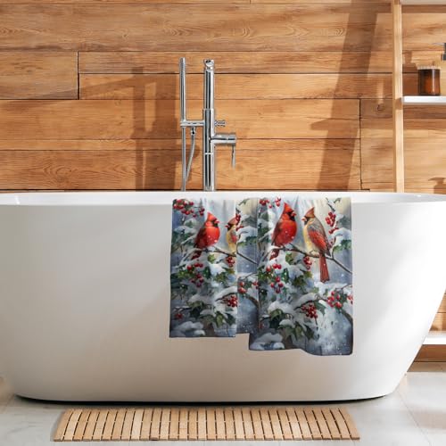 Winter Red Bird Hand Towels Pack of 2 Sweet Couple Cardinal Fingertip Towels Birds Holly Berry Branches Snow Christmas Holiday Bathroom Towels Soft Fast Drying Face Towel for Kitchen Spa Gym - color: Winter Bird