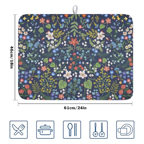 Flower Floral Dish Drying Mat 18x24 inch Microfiber Navy Blue Drying Mats with Hanging Loop Absorbent Green Leaves Dish Drainer Mat Reversible Flowers Drying Pad for Kitchen Counter Sink - color: Colored Flower, size: 24" x 18"