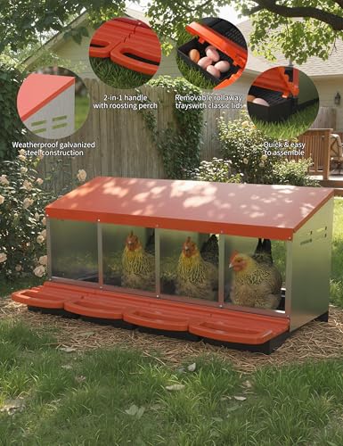 GarveeLife Chicken Nesting Box 4 Hole, Galvanized Steel Nest with Roll Away Egg Collection & Swing Perch, Easy-Clean Laying Box for Hens, Heavy Duty Design for Chicken Coop - color: Orange, size: 4 holes