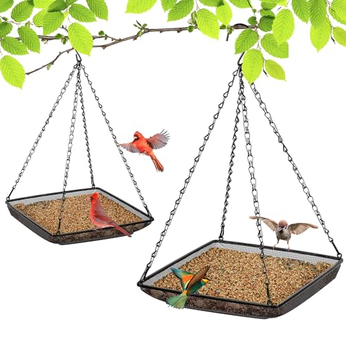 Hanging Bird Feeder Tray 11x11 Inches, Metal Mesh Platform Seed Feeder with Durable Chains for Outdoors Outside Great for Attracting Wild Birds, 2 Pack - size: 11"*11"-2pack