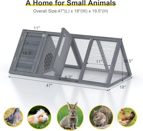 Rabbit Hutch Outdoor Chicken Coop Wooden A-Frame Small Animal Cage Quail Cage w/Chicken Run & Ventilated Wire Fence Suitable for Garden Backyard Farms 47 x 18 x 19.5 in (Grey) - color: Grey