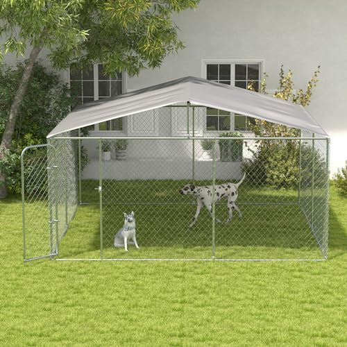 PawHut Outdoor Dog Kennel for Large Breeds 13' x 13' x 7.5' | Heavy Duty Dog Run Outdoor Fence, Waterproof Cover, Galvanized Chain Link, Secure Lock, for Chickens, Ducks - size: 157.5"L x 157.5"W x 91.3"H