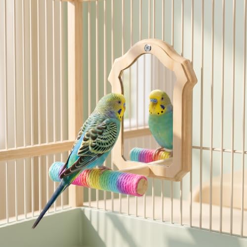 Bird Mirror for Cage Wooden Standing Birds-Mirror Bird Toys for Parakeets | Chewing Perch with Reflective Mirrors Wooden Swing Mirrors for Parrots Budgies Parakeets Cockatiels Lovebirds